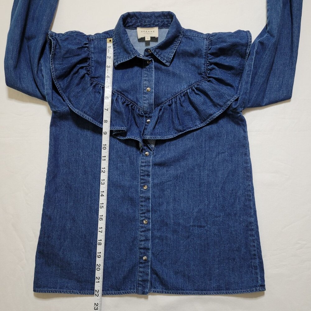 Sezane Denim Ruffle Blouse Top Long Sleeve Blue Romantic French Size 34 Western - Picture 6 of 10